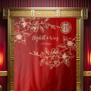Magnolia Gold Red Chinese Backdrop Tapestry