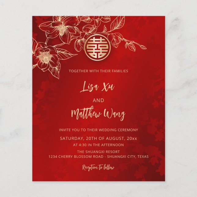  Magnolia Gold Red Chinese Wedding Flyer (Front)