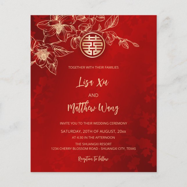  Magnolia Gold Red Chinese Wedding Flyer (Front)