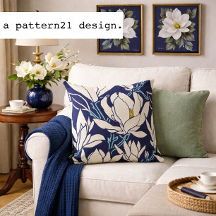 Magnolia graphic in indigo pattern cushion