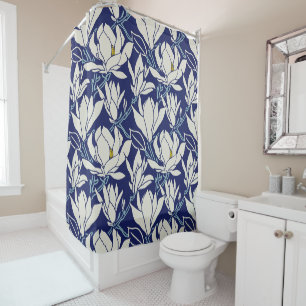 Magnolia graphic in indigo pattern shower curtain