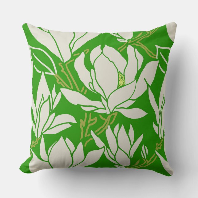 Magnolia graphic in kelly green pattern cushion (Front)