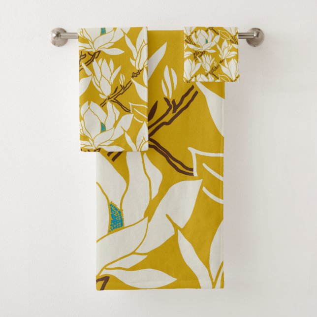 Magnolia graphic in mustard pattern bath towel set (Insitu)