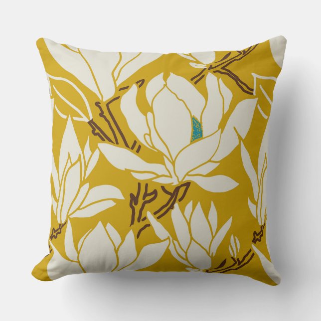 Magnolia graphic in mustard pattern cushion (Front)