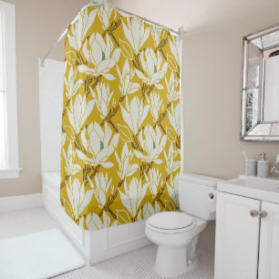 Magnolia graphic in mustard pattern shower curtain