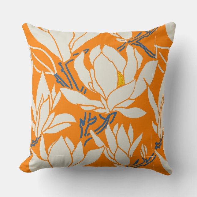 Magnolia graphic in orange pattern cushion (Front)