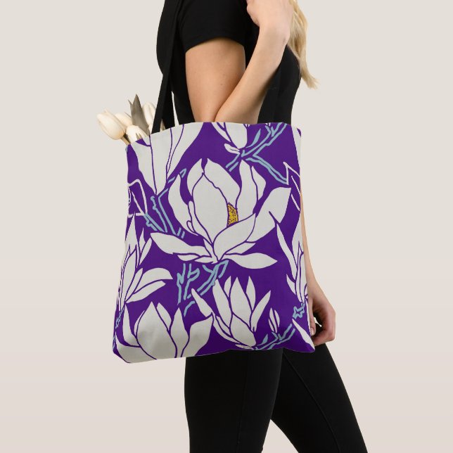 Magnolia graphic in violet pattern tote bag (Close Up)