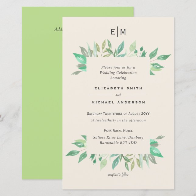 Magnolia Green Silence Budget Wedding Invite A9 (Front/Back)