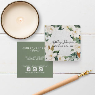 Magnolia Greenery Wreath Script Typography Square Square Business Card