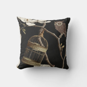Magnolia Grove with Owls 01 Black White Olive Cushion