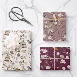 Magnolia Grove with Owls in Cream Blush Burgundy  Wrapping Paper Sheet