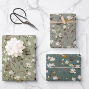 Magnolia Grove with Owls in Pastel Greens Wrapping Paper Sheet