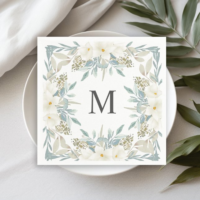 Magnolia Modern Calligraphy Monogram Wedding Napkin (Creator Uploaded)