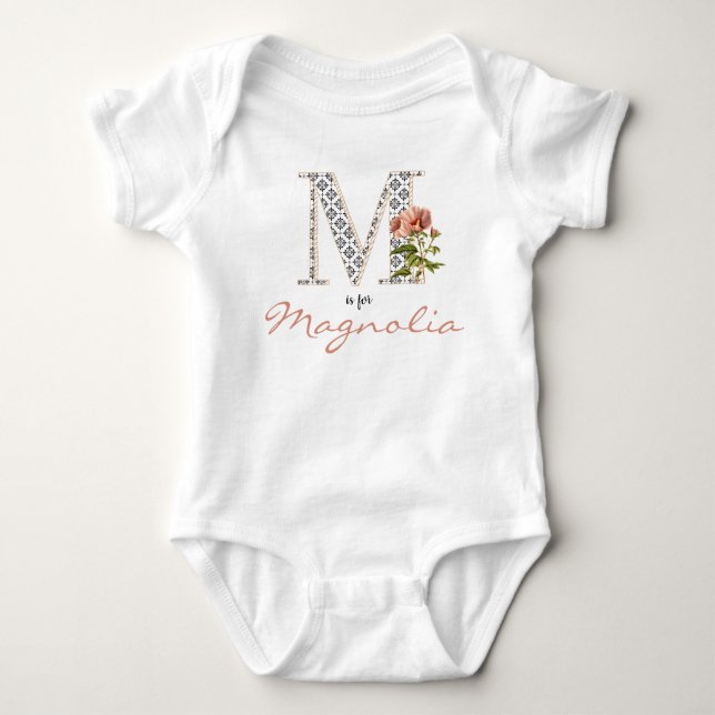 Magnolia Name Reveal Floral Letter Girl Whimsical Baby Bodysuit (Front)