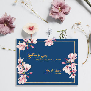 Magnolia Navy Blue Floral Wedding Thank You Postcard