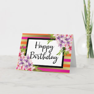 Magnolia on Pink & Faux Gold Stripes Birthday Card