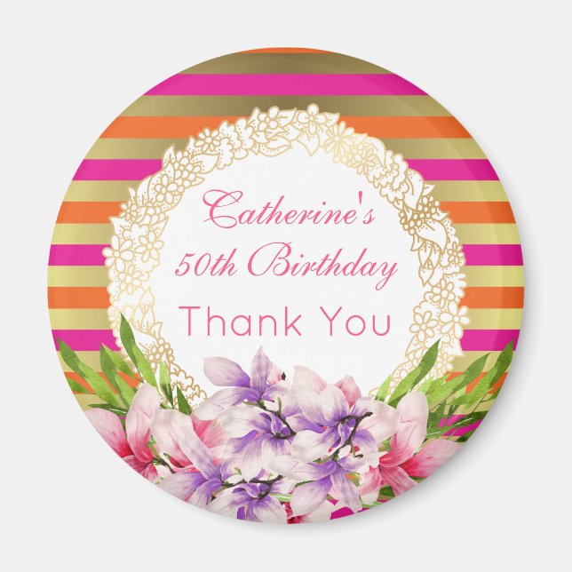 Magnolia on Pink & Faux Gold Stripes Birthday Magnet (Front)