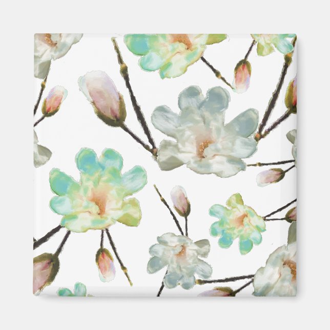 Magnolia Pattern Square Magnet (Front)