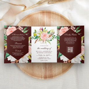 Magnolia Pink Floral Burgundy QR Code Wedding Tri-Fold Invitation