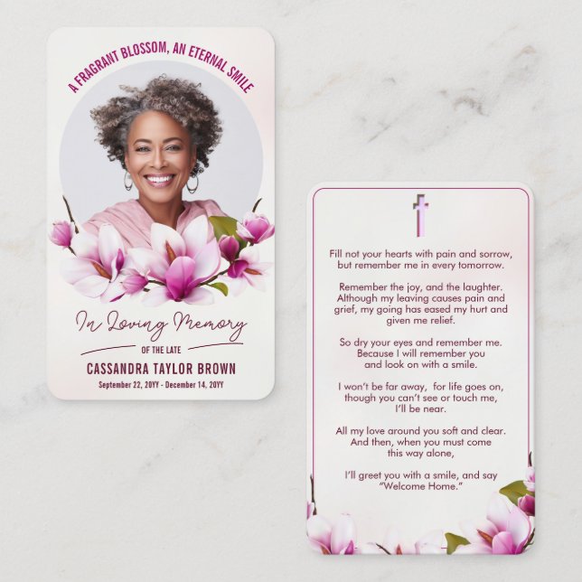 Magnolia Pink Floral Funeral Prayer Card (Front/Back)