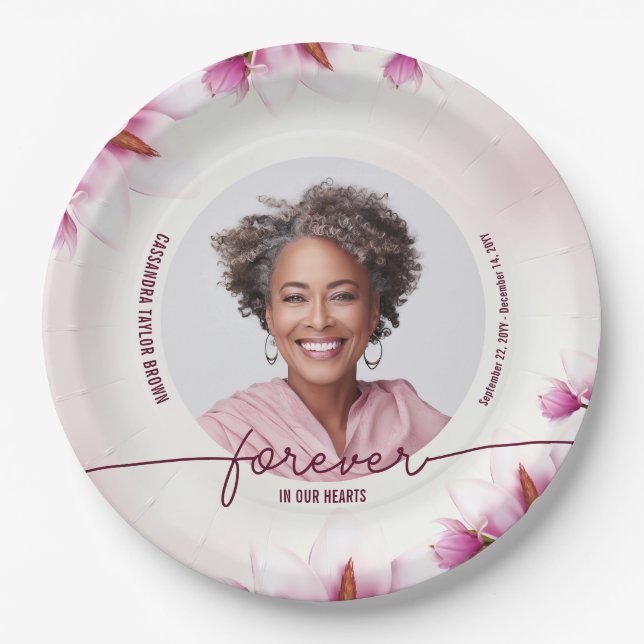 Magnolia Pink Floral Memorial Paper Plate (Front)