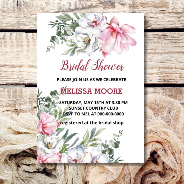 Magnolia Pink White Flower Bridal Shower Invitation (Creator Uploaded)