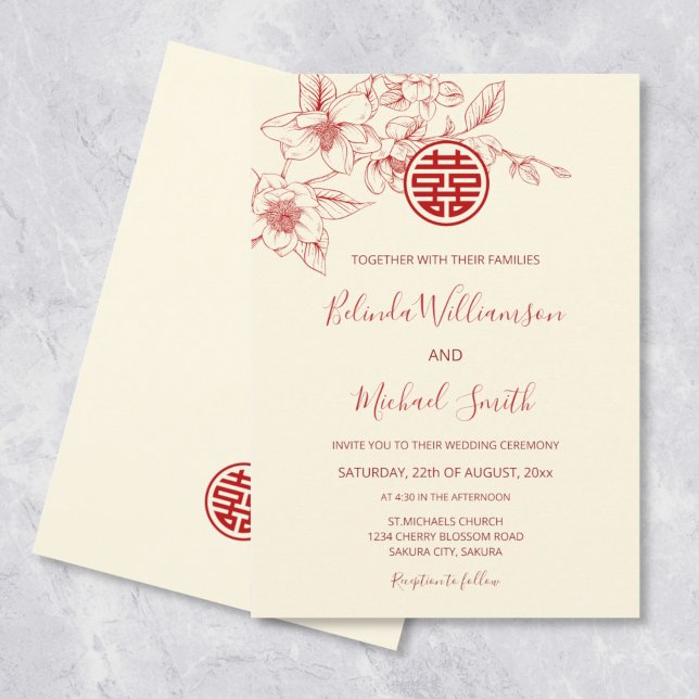 Magnolia Red Cream Chinese Wedding Invitation (Creator Uploaded)