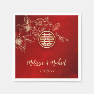 Magnolia Red Gold Chinese Wedding Napkin