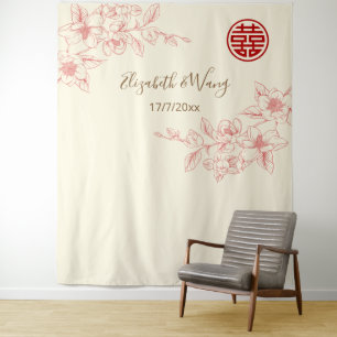 Magnolia Red Pink Cream Chinese Backdrop Tapestry