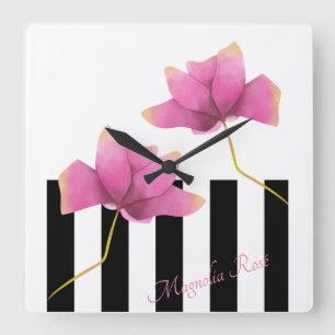 Magnolia Rosé Modern Floral and Stripes Square Wall Clock