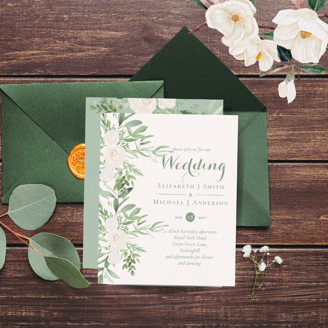 Magnolia Roses Sage Floral Wedding Invites BUDGET (Creator Uploaded)