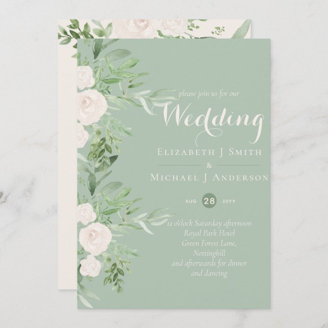 Magnolia Sage Green Floral Wedding Invites (Front/Back)