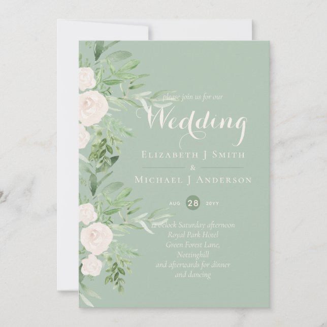 Magnolia Sage Green Floral Wedding Invites (Front)
