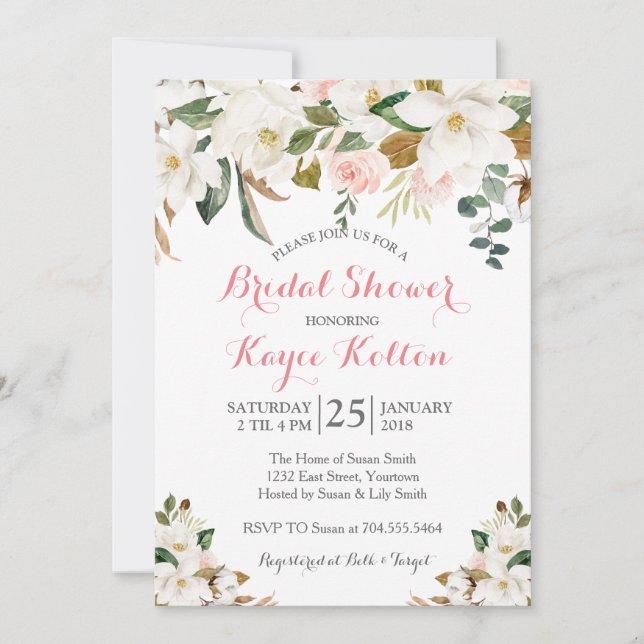 Magnolia Southern blush bridal shower invitation (Front)