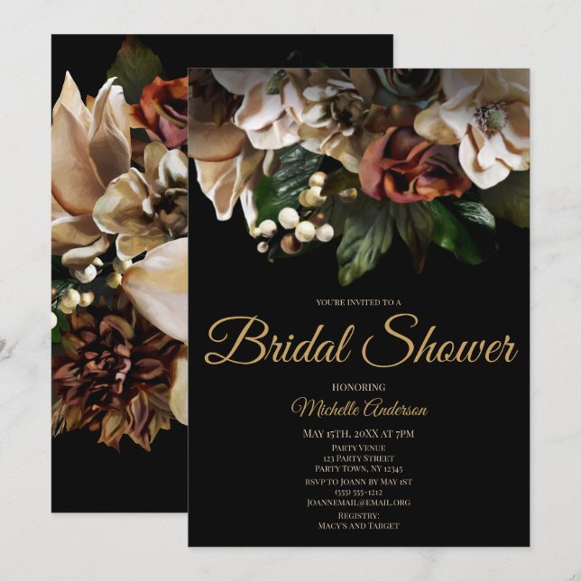 Magnolia Top Gold and Black Floral Bridal Shower Invitation (Front/Back)