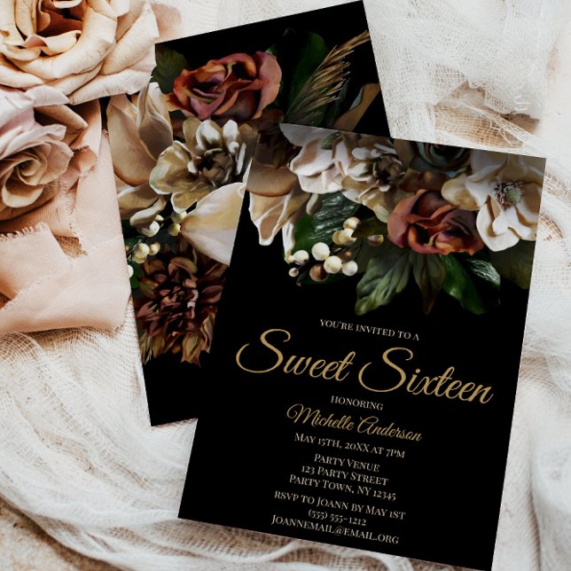 Magnolia Top Gold and Black Floral Sweet Sixteen Invitation (Creator Uploaded)