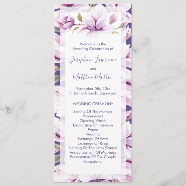 Magnolia Violet Floral Wedding Ceremony Programme (Front)