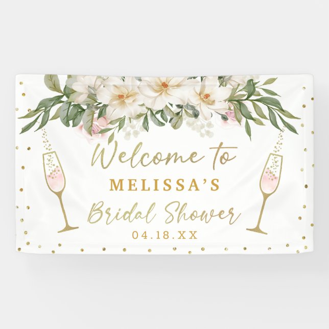 Magnolia Watercolor Champagne Glass Bridal Shower Banner (Horizontal)