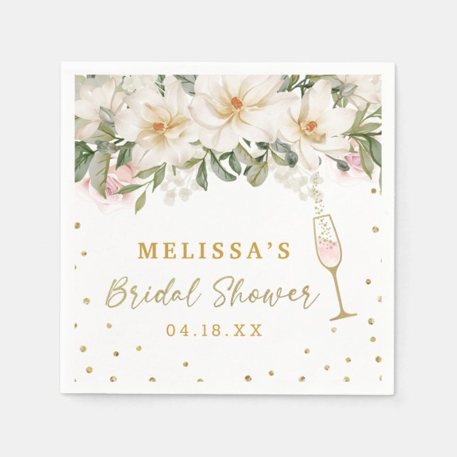 Magnolia Watercolor Champagne Glass Bridal Shower Napkin (Front)