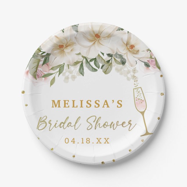 Magnolia Watercolor Champagne Glass Bridal Shower Paper Plate (Front)