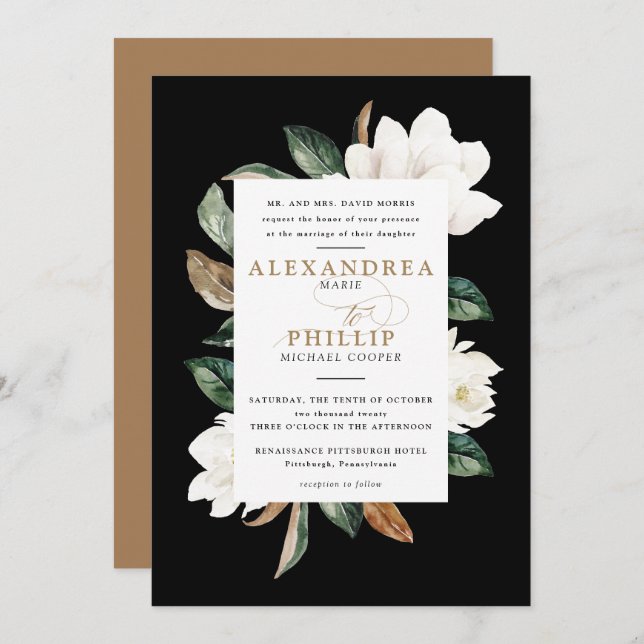 Magnolia Wedding Invitation | Black (Front/Back)