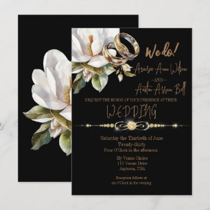 Magnolia Wedding Rings Gold and Black Wedding Invitation