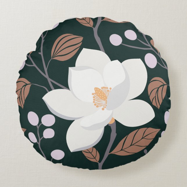 Magnolia Whisper Deep Green Brown Round Pillow (Front)