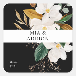 Magnolia White Floral Thank You - bLACK Square Sticker