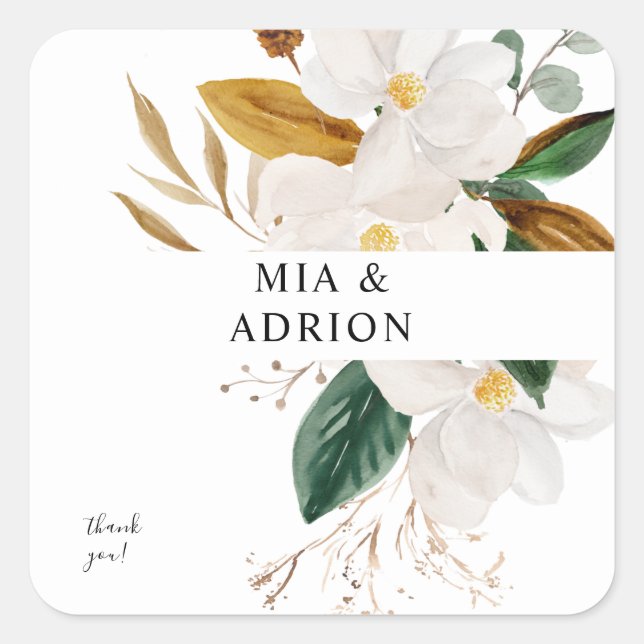 Magnolia White Floral Thank You Square Sticker (Front)