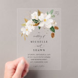 Magnolia White Floral Wedding Acrylic Invitations<br><div class="desc">Hand painted White Magnolia Florals with greenery were used to create this Magnolia White Floral Wedding Invitation. It's great for summer weddings, boho weddings, spring weddings, & destination weddings. They have a luxury, custom look and quality without the luxury price. It's easy to create your own wedding invitations. Just enter...</div>