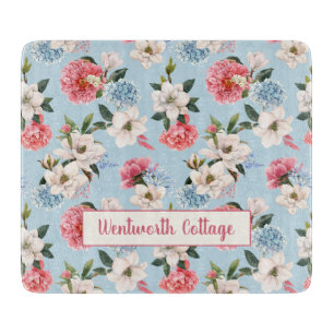 Magnolias and Carnations on Blue Personalised Cutting Board