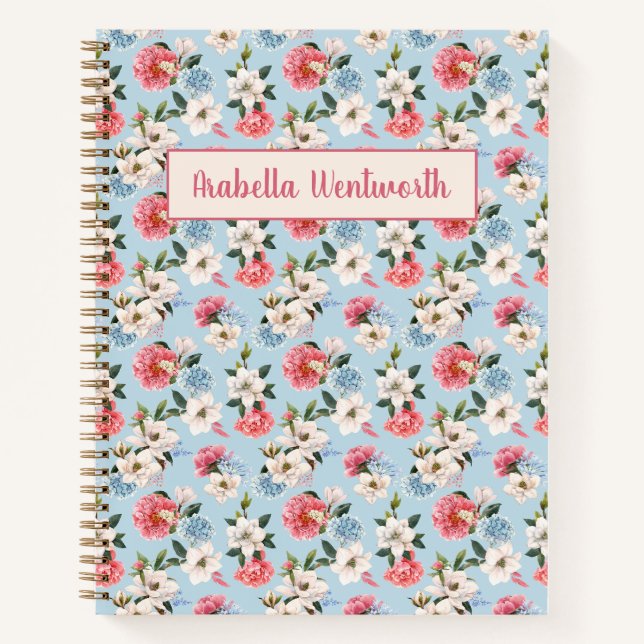 Magnolias and Carnations on Blue Personalised Notebook (Front)