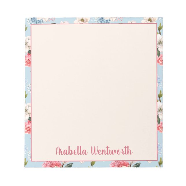 Magnolias and Carnations on Blue Personalised Notepad (Front)