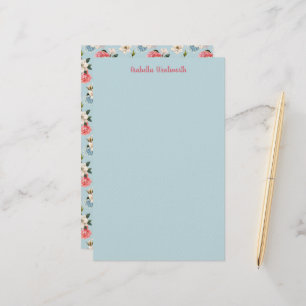Magnolias and Carnations on Blue Personalised Stationery